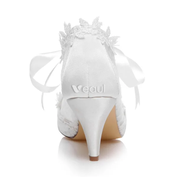 Belles Chaussures De Mariée Dentelle Stilettos Blanc Bottines De Mariée Bout Ouvert