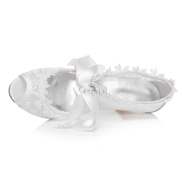Belles Chaussures De Mariée Dentelle Stilettos Blanc Bottines De Mariée Bout Ouvert