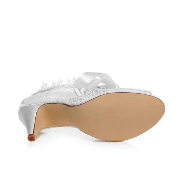 Belles Chaussures De Mariée Dentelle Stilettos Blanc Bottines De Mariée Bout Ouvert