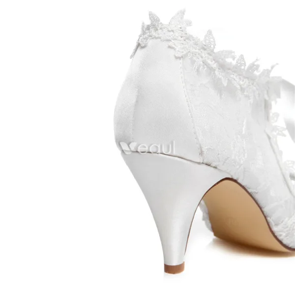 Belles Chaussures De Mariée Dentelle Stilettos Blanc Bottines De Mariée Bout Ouvert