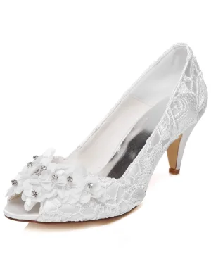 Belles Chaussures De Mariage En Dentelle Stiletto Talons Escarpin Blanc Brodé Satin Chaussures De Mariée Peep Toe
