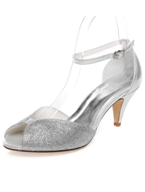 Sparkly Wedding Sandals Peep Toe Silver Glitter Wedding Shoes Stiletto Heels With Ankle Strap