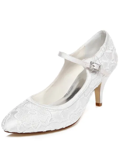 Vintage Trouwschoenen 8cm Naaldhakken Pumps Witte Bruidsschoenen Met Enkelbandje