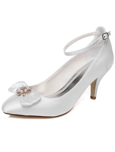 Elegant Wedding Shoes 3 Inch Stiletto Heel Pumps White Satin Bridal Shoes With Ankle Strap