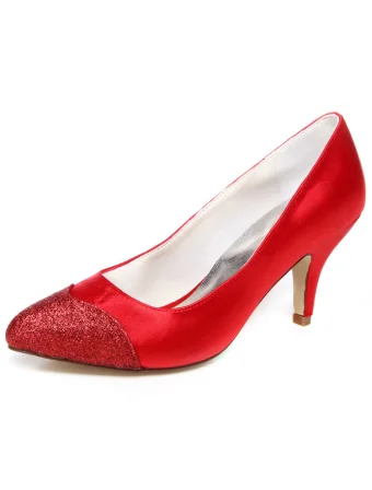 Classic Wedding Shoes 3 Inch Stiletto Heels Pumps Red Satin Bridal Shoes With Glitter