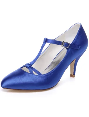 Clásicos Azules Zapatos De La Boda Bombas De Tacón De Aguja De 8 Cm Zapatos De Novia De Satén Con La Correa Del Tobillo