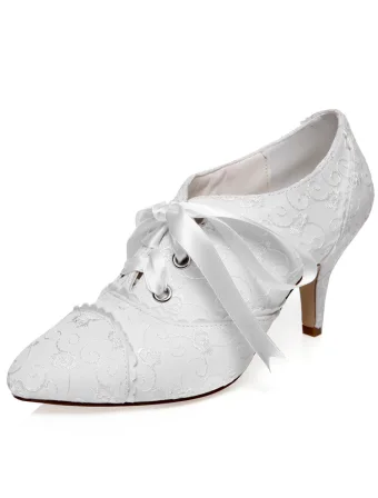 Vintage Sateng Bryllupssko 8cm Stiletthæler Broderte Blonder Brudesko Med Sløyfe