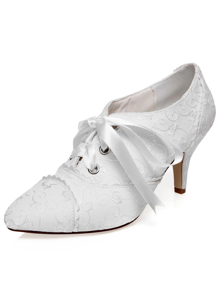 Vintage Satin Chaussures De Mariage 8cm Talon Aiguille Brodes Chaussures Mariee En Dentelle Avec Noeud