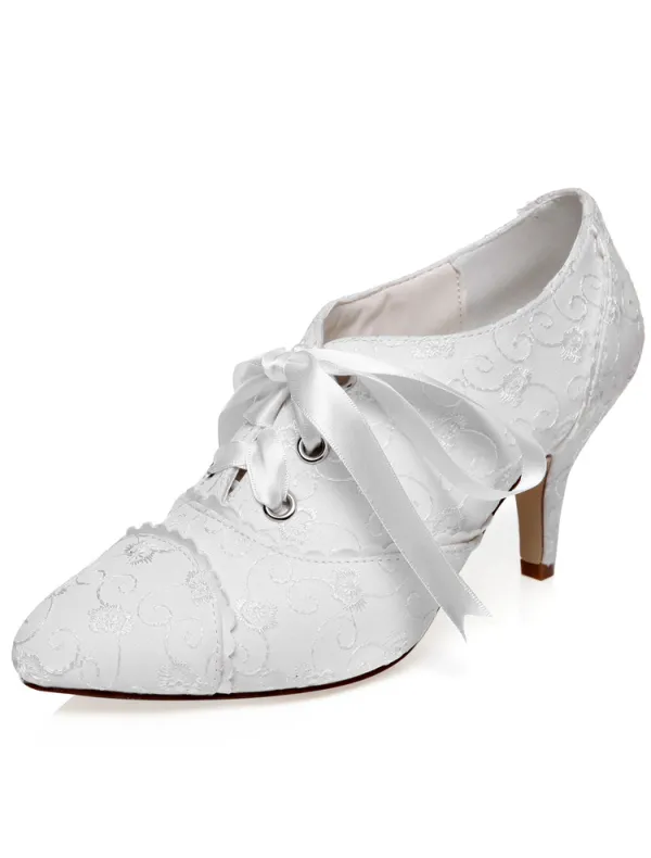 Vintage Satin Wedding Shoes 3 Inch Stiletto Heels Embroidered Lace Bridal Shoes With Bow