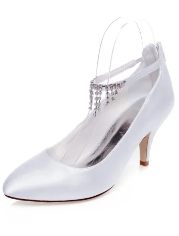 Vintage Satynowe Buty Ślubne 8cm Szpilki Czółenka Białe Obuwie Ślubne Do Kostki Pasek Z Pomponem