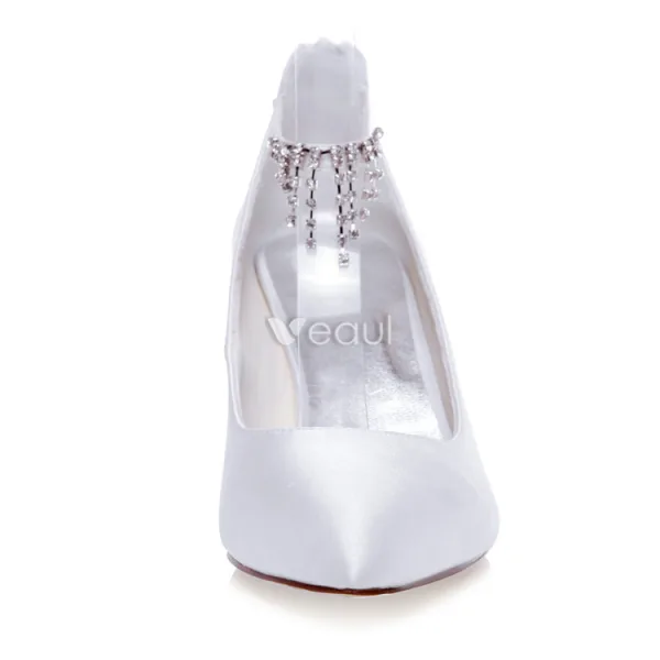 Vintage Satin Wedding Shoes 3 Inch Stiletto Heels Pumps White Bridal Shoes Ankle Strap With Tassel