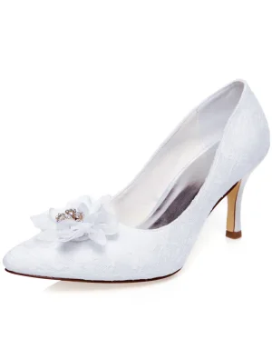 Elegant White Wedding Shoes Stiletto Heels Lace Pumps Satin Bridal Shoes With Flower