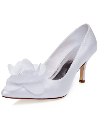 Chic Satin Wedding Shoes Stiletto Heels Pumps White Bridal Shoes With Pearl Flower