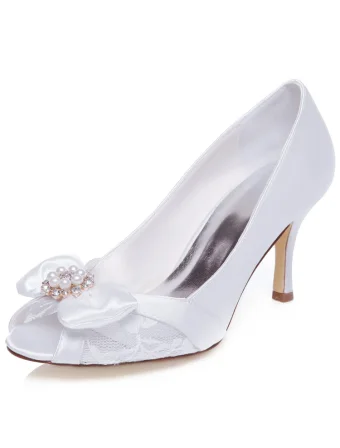 Vakre Bryllupssko 2016 Stiletthæler Pumpes Snøre Brudesko Peep Toe Med Perle Bowknot