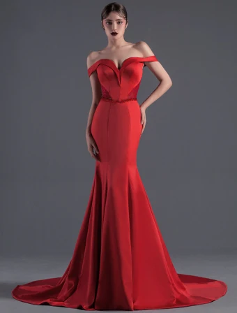 Sexy Celebrity Dress 2016 Mermaid Off The Shoulder Beading Crystal Backless Long Red Satin Evening Dress