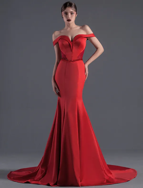 Sexy Celebrity Dress 2016 Mermaid Off The Shoulder Beading Crystal Backless Long Red Satin Evening Dress
