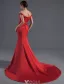 Sexy Celebrity Dress 2016 Mermaid Off The Shoulder Beading Crystal Backless Long Red Satin Evening Dress