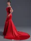 Sexy Celebrity Dress 2016 Mermaid Off The Shoulder Beading Crystal Backless Long Red Satin Evening Dress