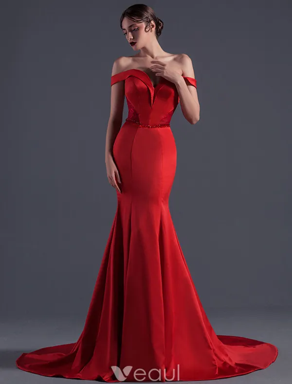 Sexy Celebrity Dress 2016 Mermaid Off The Shoulder Beading Crystal Backless  Long Red Satin Evening Dress