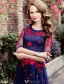 Beautiful Prom Dress 2016 A-line Scoop Neck Applique Red Lace Flower Royal Blue Tulle Long Dress