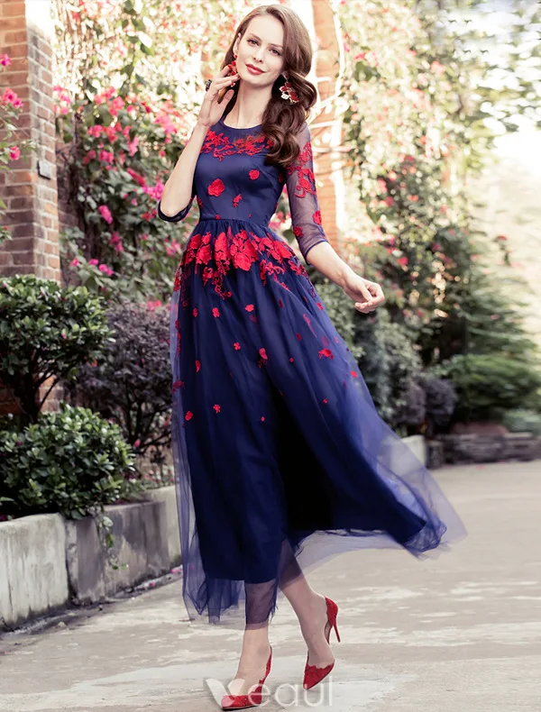 Beautiful Prom Dress 2016 A-line Scoop Neck Applique Red Lace Flower Royal Blue Tulle Long Dress