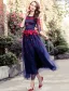 Beautiful Prom Dress 2016 A-line Scoop Neck Applique Red Lace Flower Royal Blue Tulle Long Dress