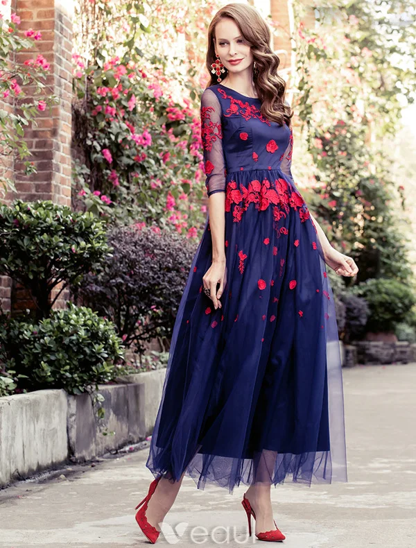 Beautiful Prom Dress 2016 A-line Scoop Neck Applique Red Lace Flower Royal Blue Tulle Long Dress