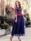 Beautiful Prom Dress 2016 A-line Scoop Neck Applique Red Lace Flower Royal Blue Tulle Long Dress