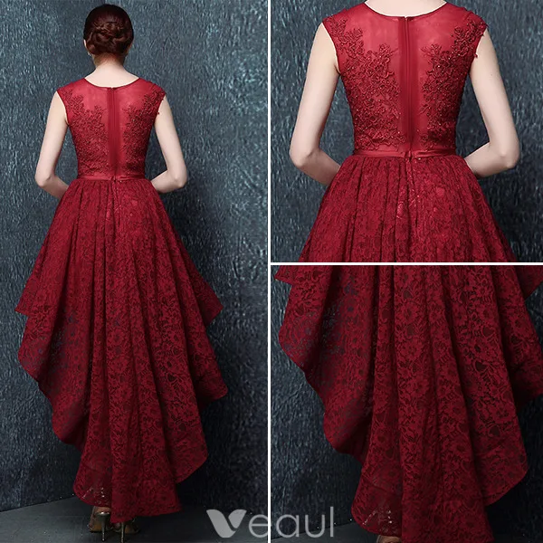 Elegant Cocktail Dress 2016 Scoop Neck Asymmetrical Burgundy Lace Cocktail Party Dress