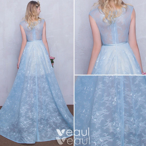 Beautiful Evening Dresses 2016 Scoop Neck Applique Lace Sky Blue Tulle ...