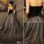 Stunning Prom Dresses 2016 Strapless Black Tulle Mix Champagne Tulle Formal Gown With Applique Lace Flowers