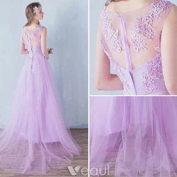 Elegant Bridesmaid Dresses 2016 A-line V-neck Applique Lace Lilac Tulle Floor Length Dress