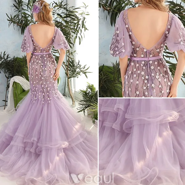 Stunning Prom Dresses 2016 Mermaid Scoop Neck Applique Flowers Ruffled Organza Prom Dress