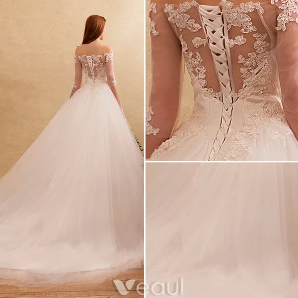 Elegant Wedding Dresses 2016 Off The Shoulder Beading Applique Lace Ruffle Tulle Backless Bridal Gown