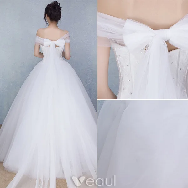 Beautiful Wedding Dresses 2016 Ball Gown Off The Shoulder Long Tulle Bowknot Corset Bridal Gown