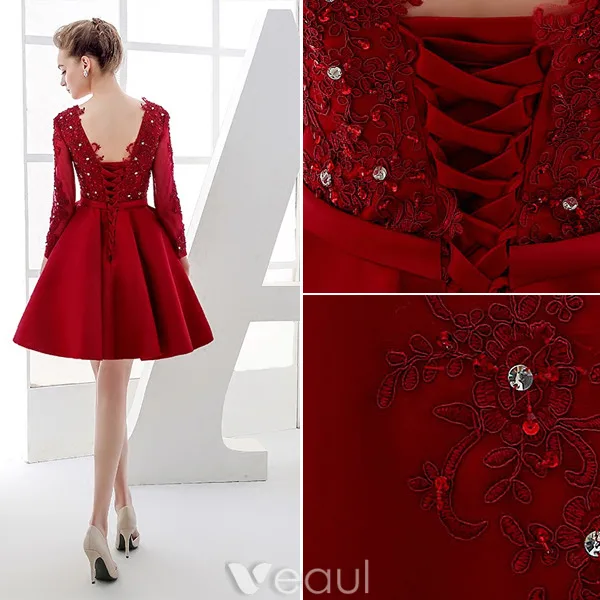 Elegant Party Dresses 2016 V-neck Sequin Applique Lace Burgundy Satin Short Dress