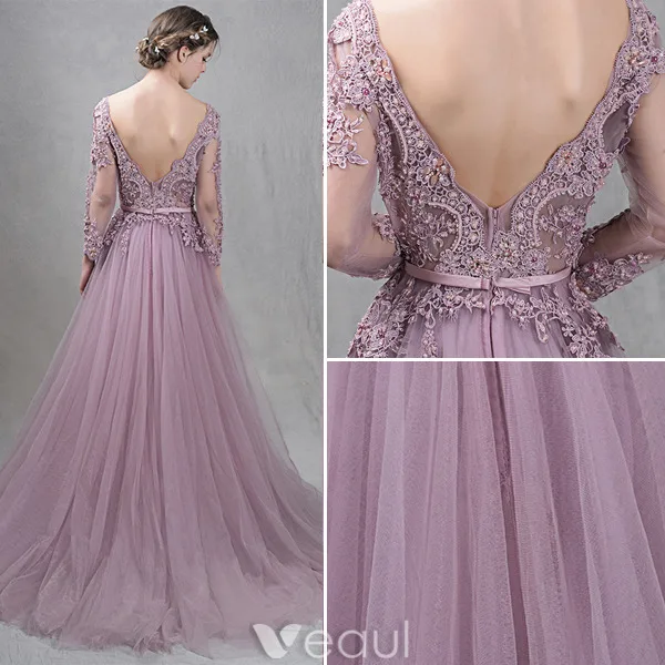 Elegant Evening Dresses 2016 A-line Deep V-neck Applique Symmetrical Lace Ruffle Tulle Backless Dress
