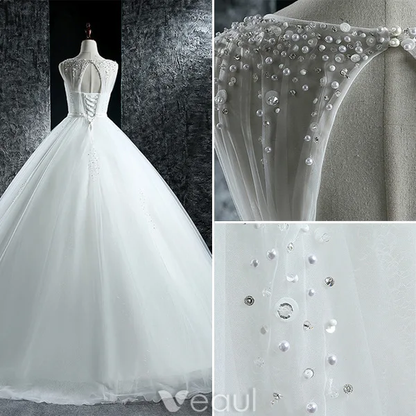 Robes De Mariée Élégantes 2016 Robe Boule Scoop Cou Perles Paillettes Perles Volants En Tulle Robe De Mariée Dos Nu