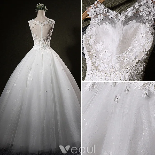 Beautiful Wedding Dresses 2016 Ball Gown Scoop Rhinestone Neck Applique Lace Petals Sleeveless Bridal Gown