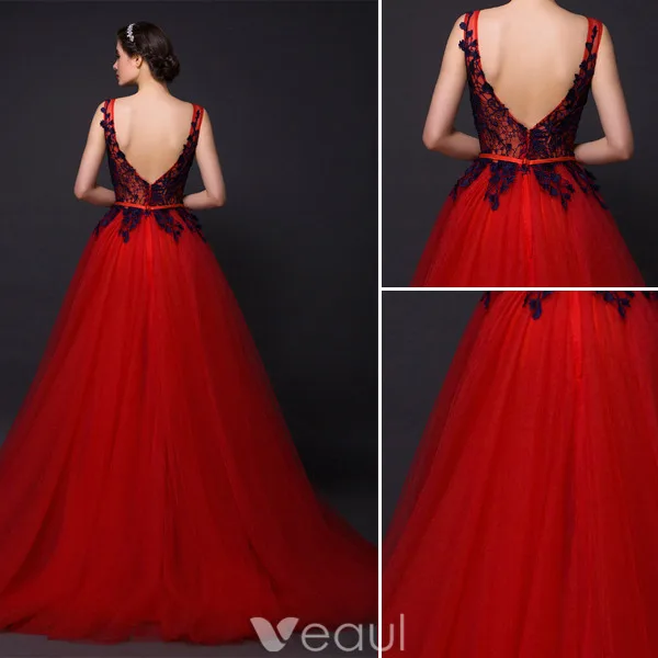 Elegant Prom Dresses 2016 A-line Sleeveless Applique Royal Blue Lace Red Tulle Long Dress