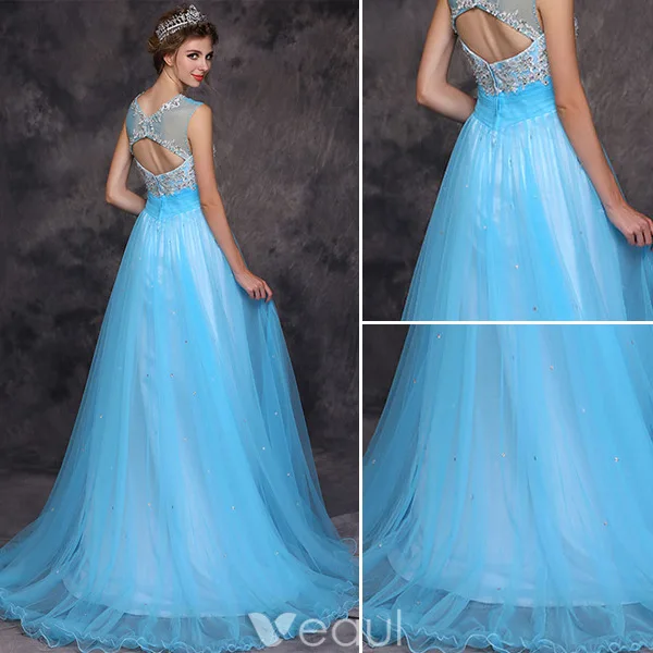 Beautiful Evening Dress 2016 A-line Scoop Neck Applique Lace Beading Ruffle Sky Blue Tulle Long Dress