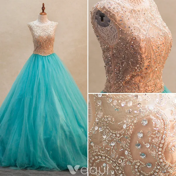 Lyx Balklänningar 2016 Ringning Beading Strass Pool Blå Tyll Balklänning