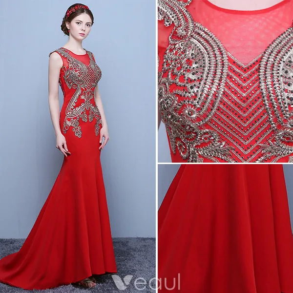 Beautiful Evening Dresses 2016 Mermaid Scoop Neck Applique Gold Lace Red Long Dress