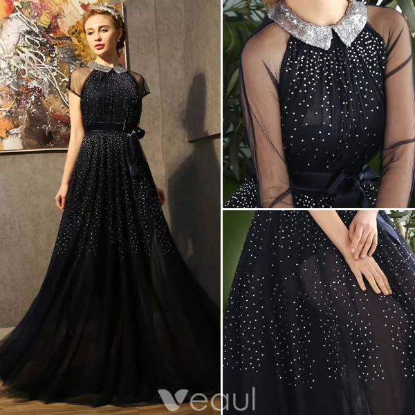 Årgång Aftonklänningar 2016 Paljetter Hals Beading Strass Marinblå Tyll Med Rosett-band Skärp
