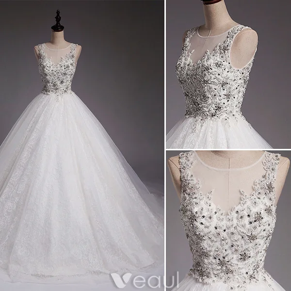 Handmade Wedding Dresses 2016 Ball Gown Scoop Neck High Grade Beading Pearl Rhinestone Backless Bridal Gowns
