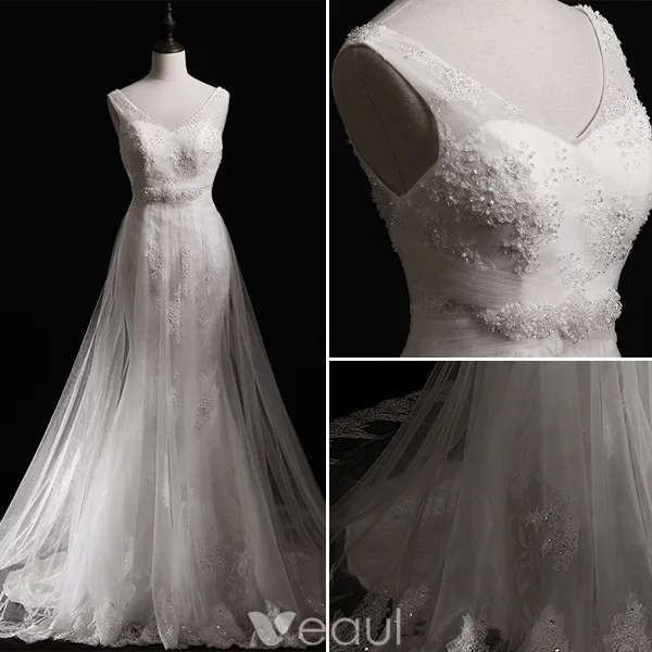Stunning Wedding Dresses 2016 Mermaid Applique Lace Beading Pearls Rhinestones Long Tulle Train Bridal Gowns