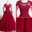 Elegant Prom Dresses 2016 A-line Scoop Lace Neck Applique Lace Burgundy Tulle Dress With Long Sleeves
