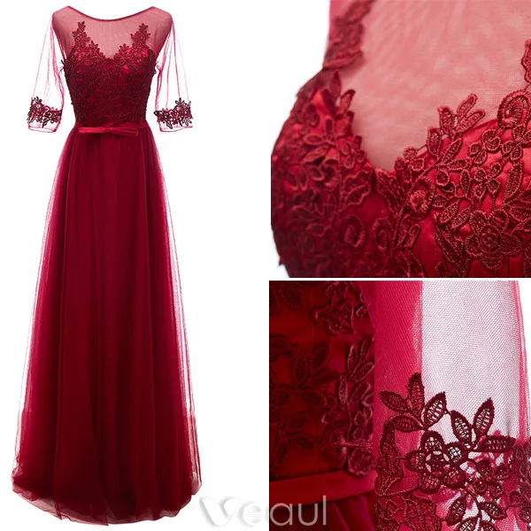 Elegant Prom Dresses 2016 A-line Square Neck Applique Lace Burgundy Tulle Formal Dress