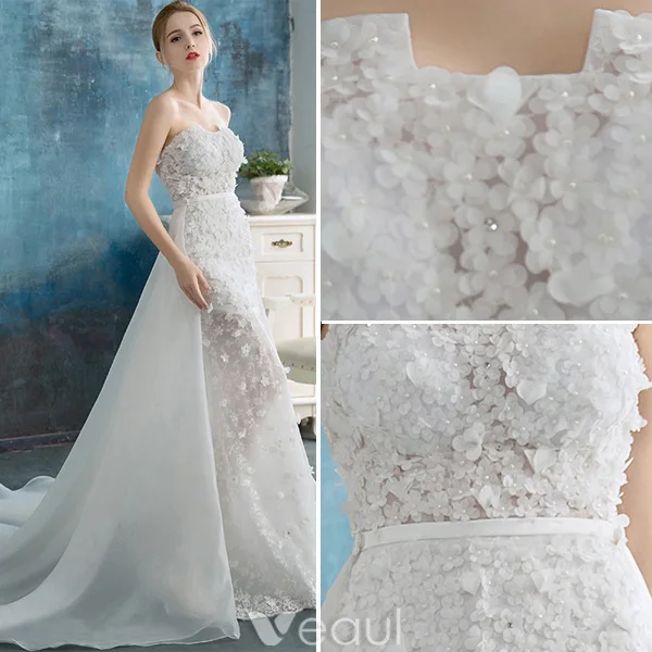 Stunning Beach Wedding Dresses 2016 Mermaid Strapless Applique Lace Flowers Detachable Train Bridal Gown
