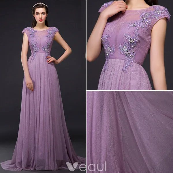 Eleganta Aftonklänningar 2016 A-line Mössa Ärmar Glitter Lila Tyll Beading Strass Lång Klänning